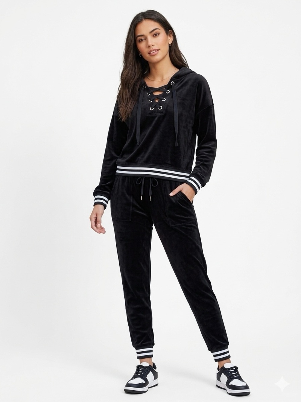Pink Rose Black Velvet Velour Lace-Up Hoodie Size M – Y2K Athleisure Sporty